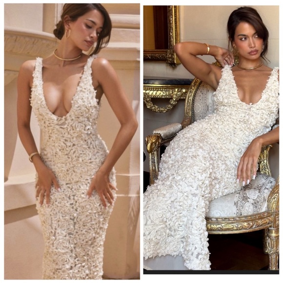 House of CB Dresses & Skirts - HOUSE OF CB CARENA CREME PLUNGE FLORAL‎ APPLIQUÉ MAXI DRESS size S NWOT